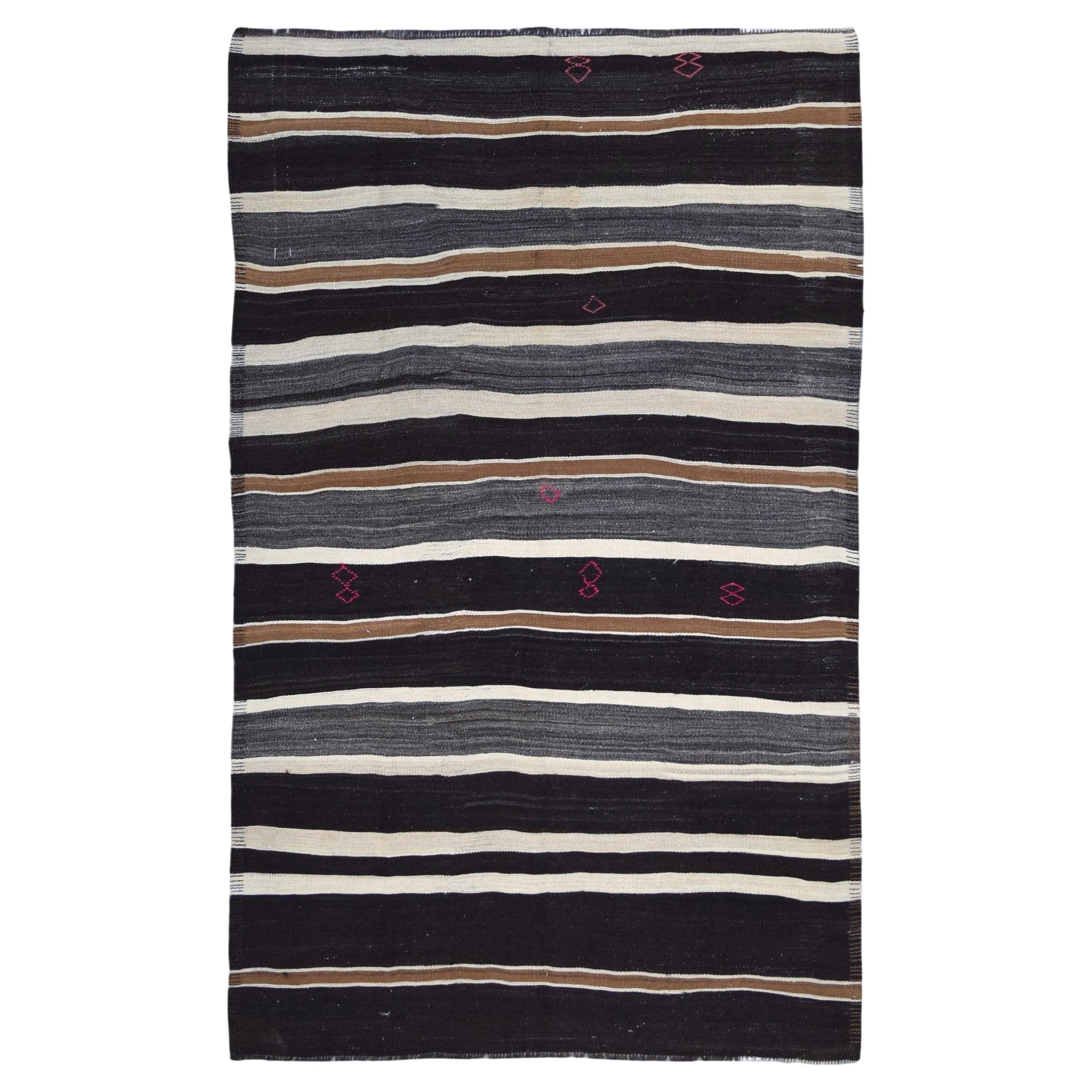 Vintage Striped Charcoal Brown Ivory Wool Kilim Rug 6'4''x10'5''