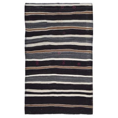 Vintage Striped Charcoal Brown Ivory Wool Kilim Rug 6'4''x10'5''