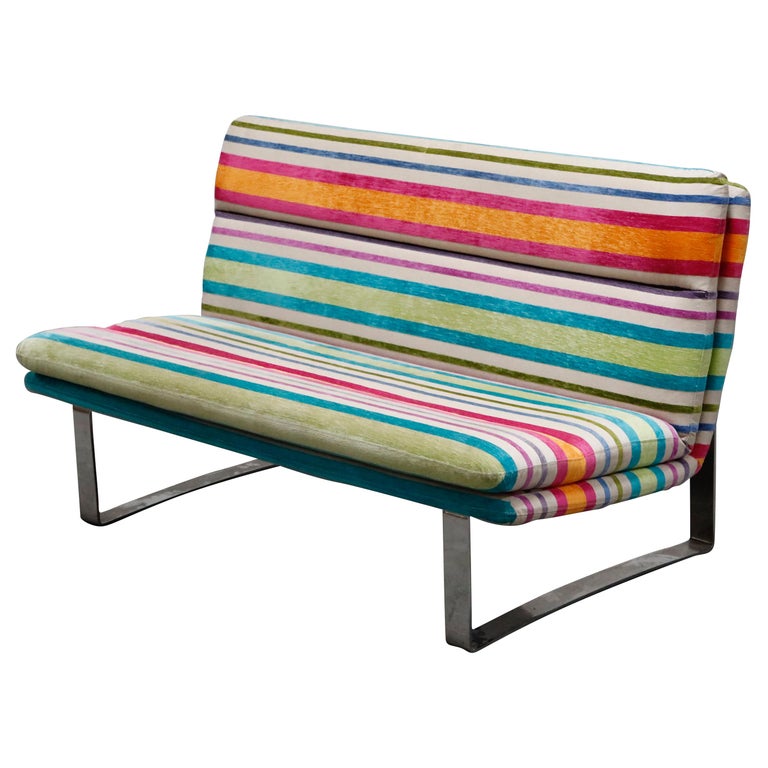 Vintage Striped Chenille and Chrome Loveseat Sofa's, circa 1990s For