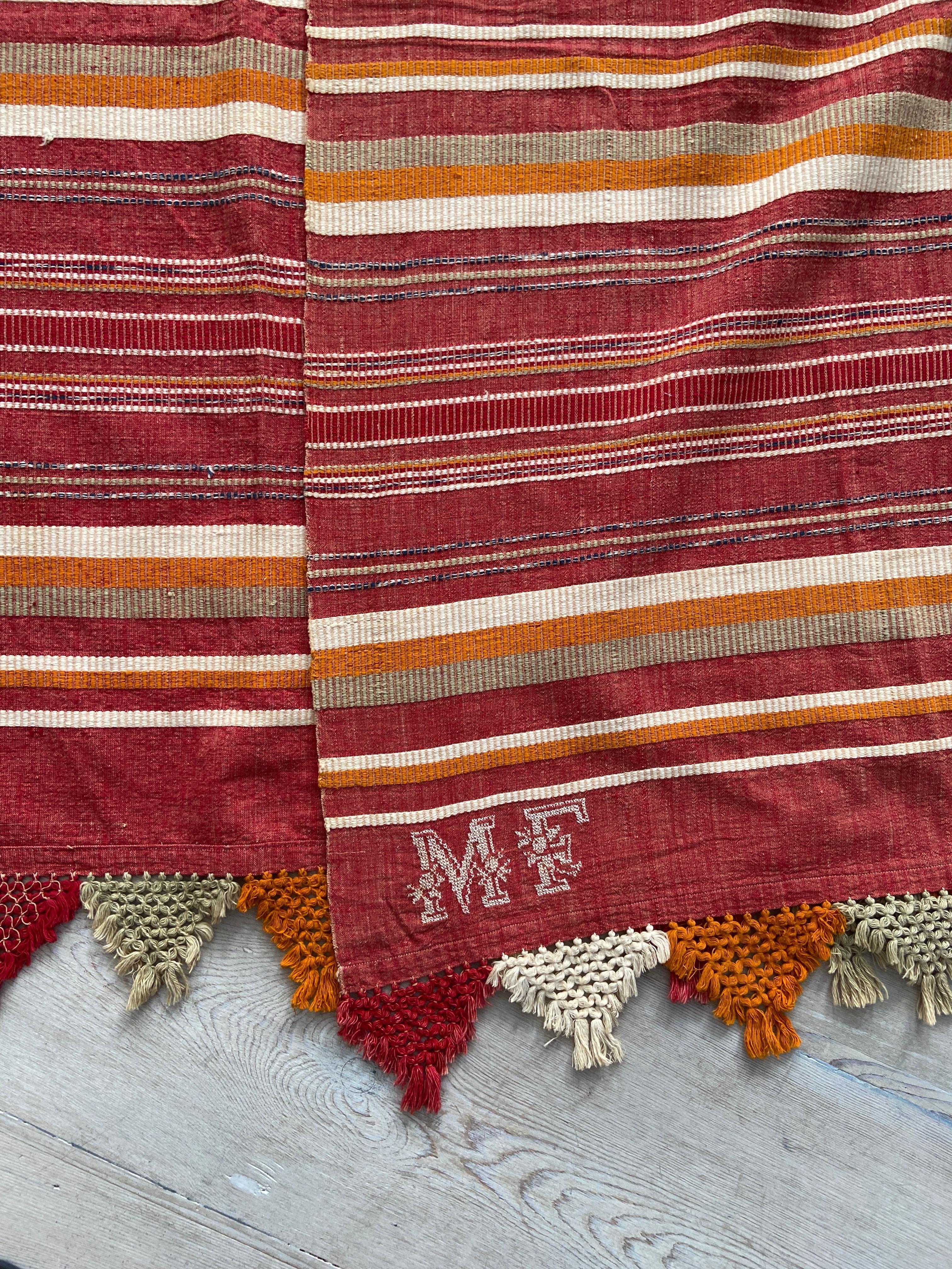 Vintage Striped Cotton Throw with Fringes, USA 20th Century For Sale 3