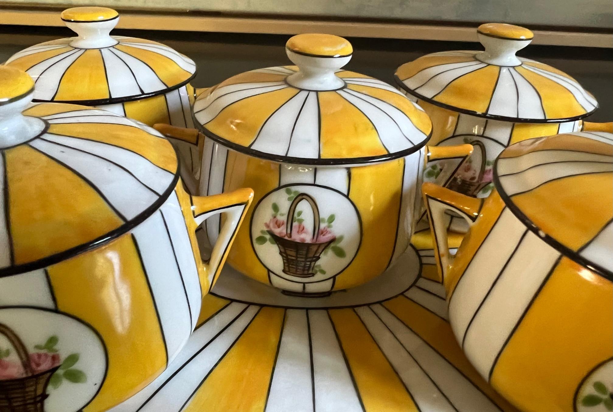 Hand-Painted Vintage Striped Cream Pot / Dessert Set With Tray by Limoges For Sale