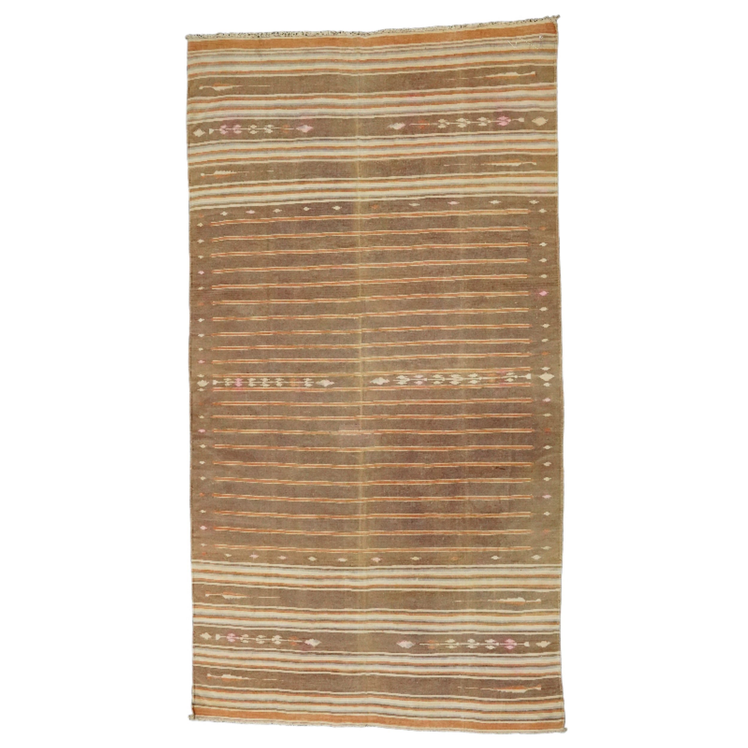 Alfombra de calle Dhurrie Vintage a rayas en tonos beige-marrón y crema  Rug & Kilim