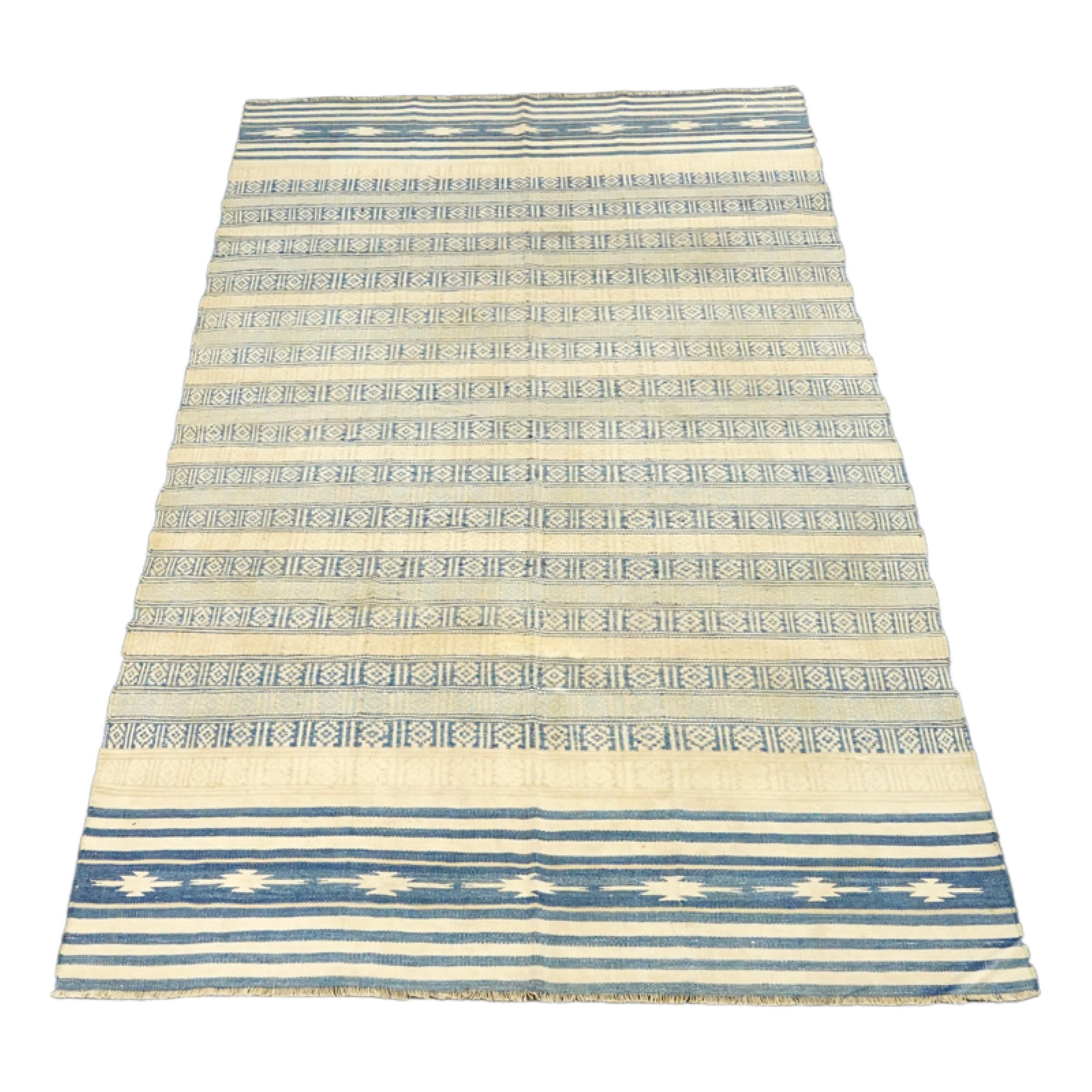 Indian Vintage Striped Dhurrie Runner Rug in Blue and Beige Tones  Rug & Kilim For Sale