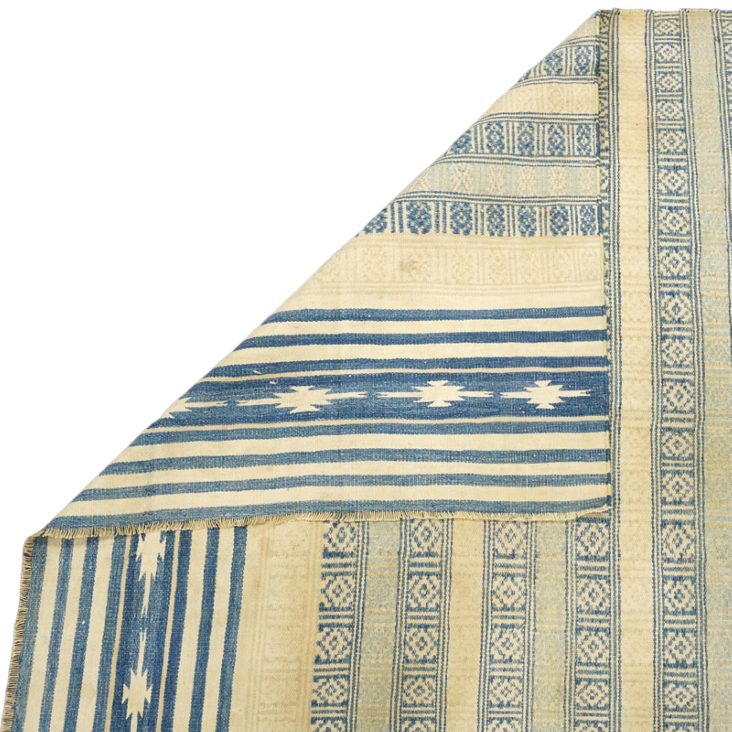Hand-Woven Vintage Striped Dhurrie Runner Rug in Blue and Beige Tones  Rug & Kilim For Sale