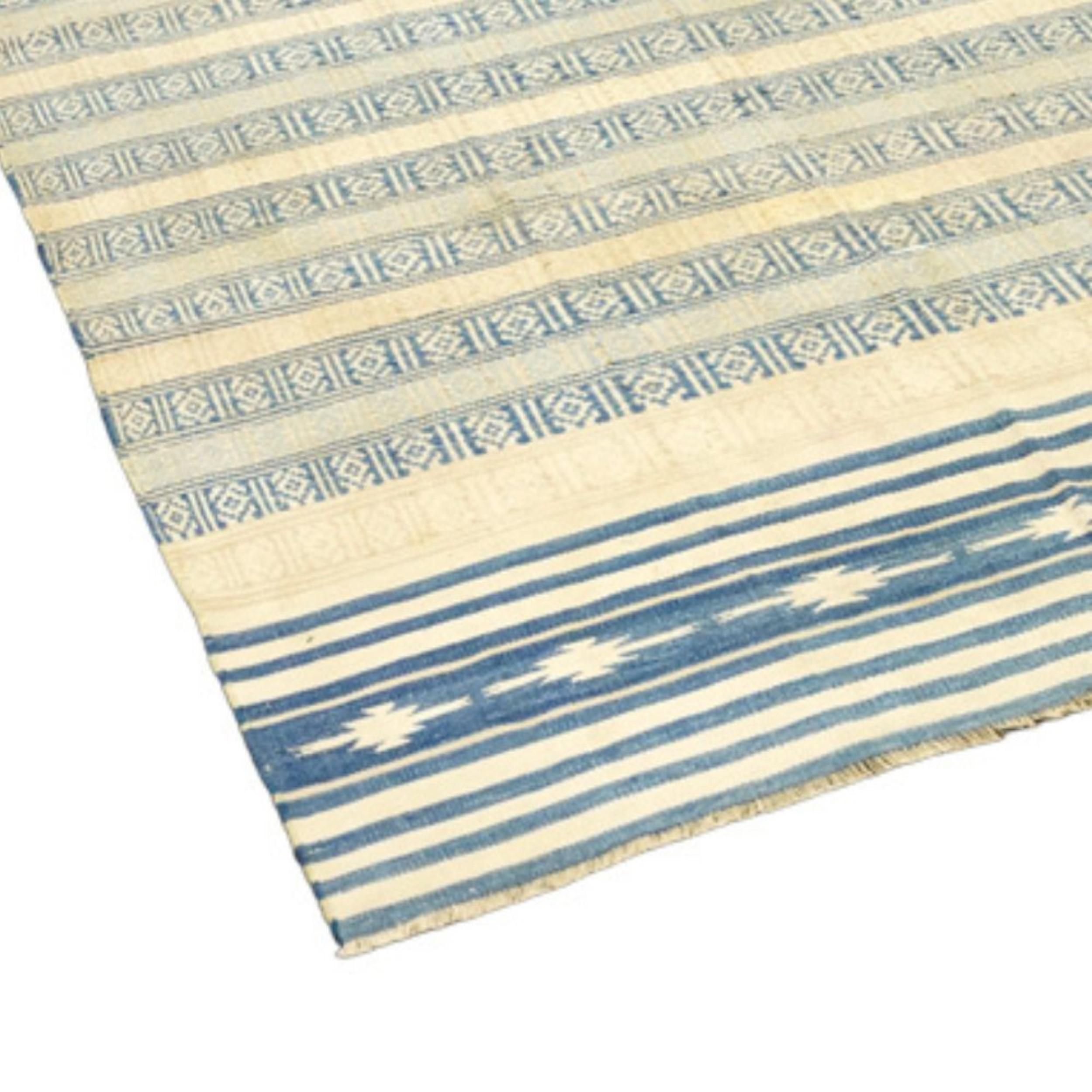 Mid-20th Century Vintage Striped Dhurrie Runner Rug in Blue and Beige Tones  Rug & Kilim For Sale