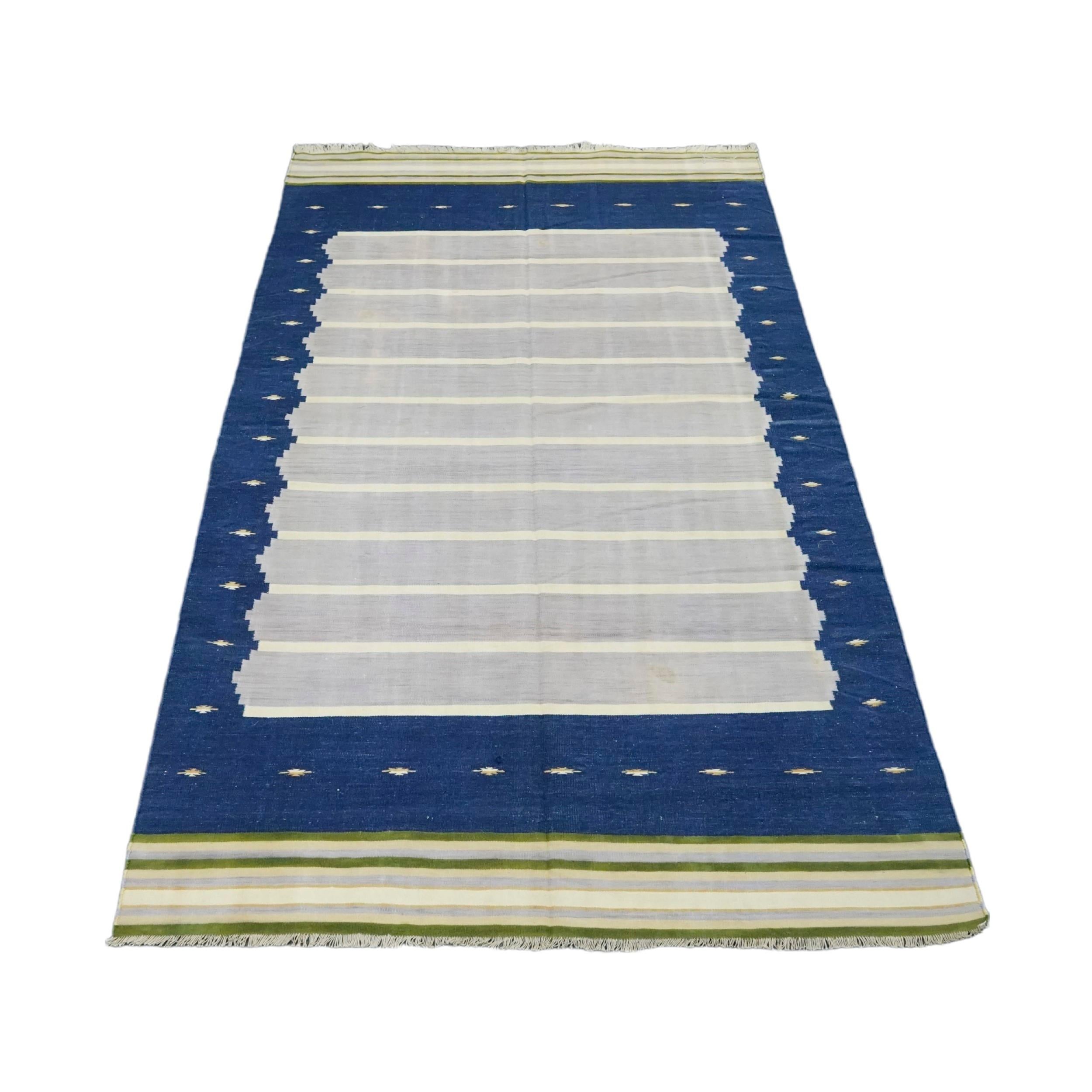 Indian Vintage Striped Dhurrie Runner Rug in Navy Blue and Gray Tones  Rug & Kilim For Sale