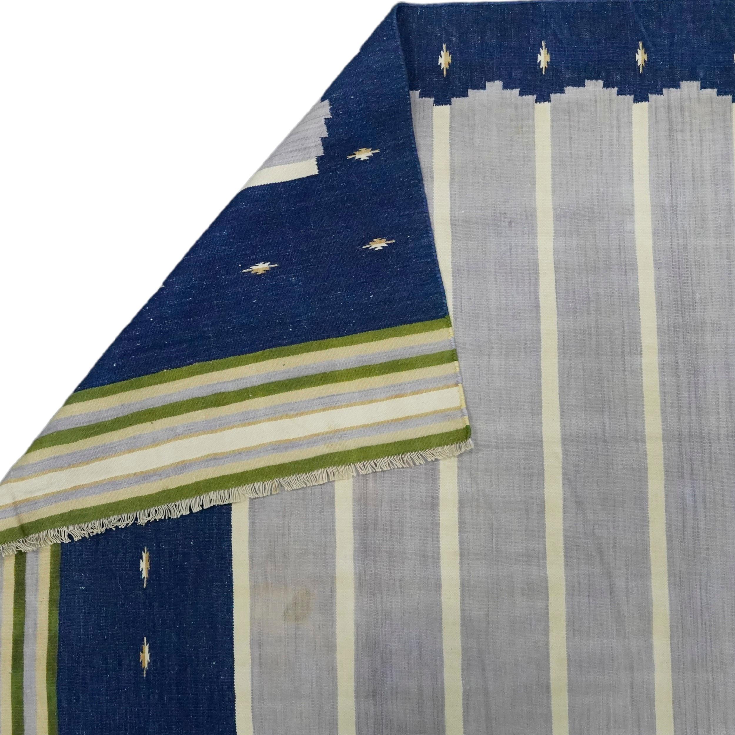 Hand-Woven Vintage Striped Dhurrie Runner Rug in Navy Blue and Gray Tones  Rug & Kilim For Sale