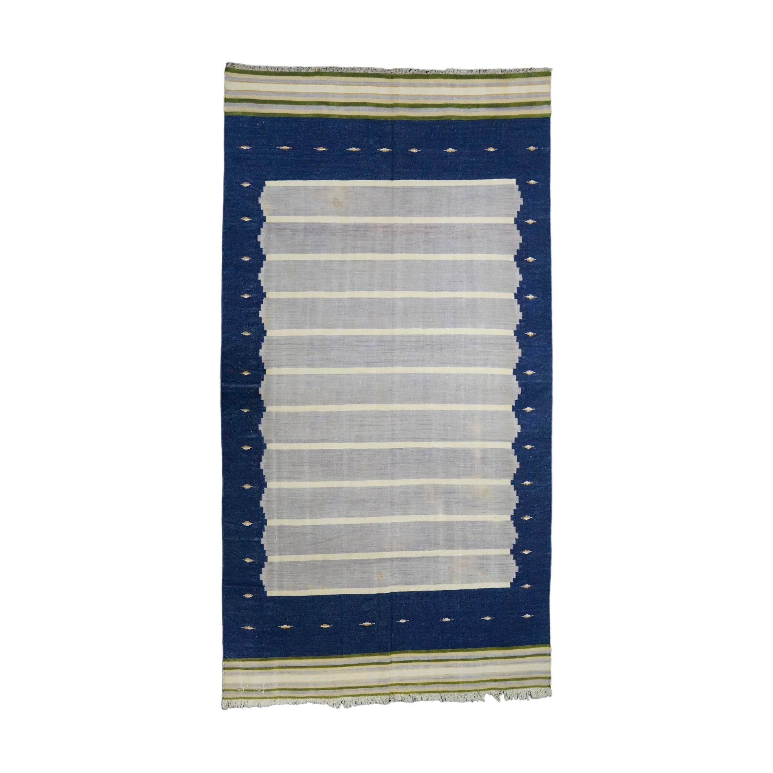 Vintage Striped Dhurrie Runner Rug in Navy Blue and Gray Tones  Rug & Kilim