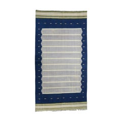 Vintage Striped Dhurrie Runner Rug in Navy Blue and Gray Tones  Rug & Kilim