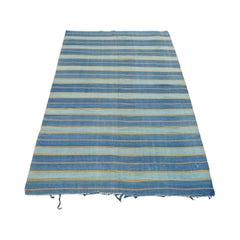 Vintage Striped Dhurrie Runner Rug with Blue Stripes Gold Accents  Rug & Kilim