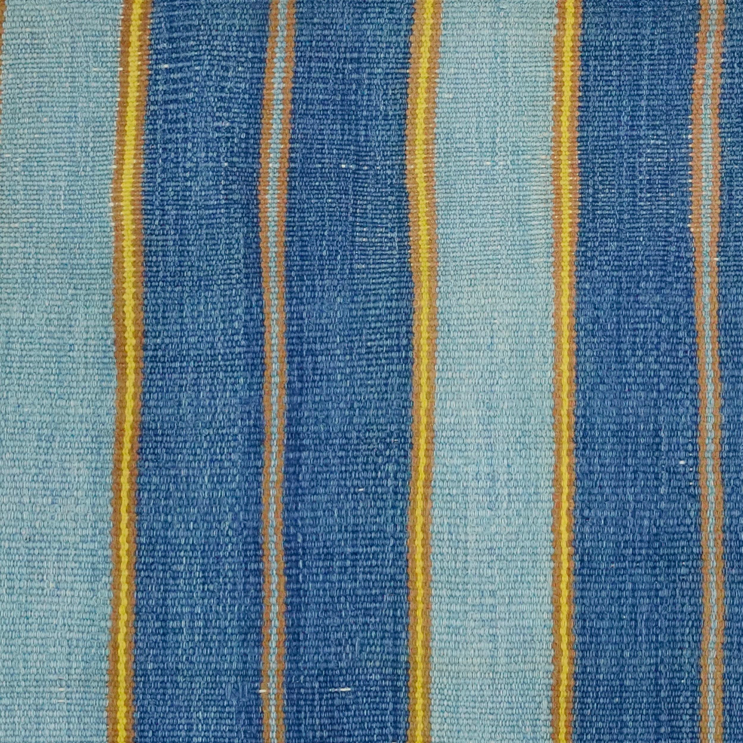 Indian Vintage Striped Dhurrie Runner Rug with Blue Stripes Gold Accents  Rug & Kilim For Sale