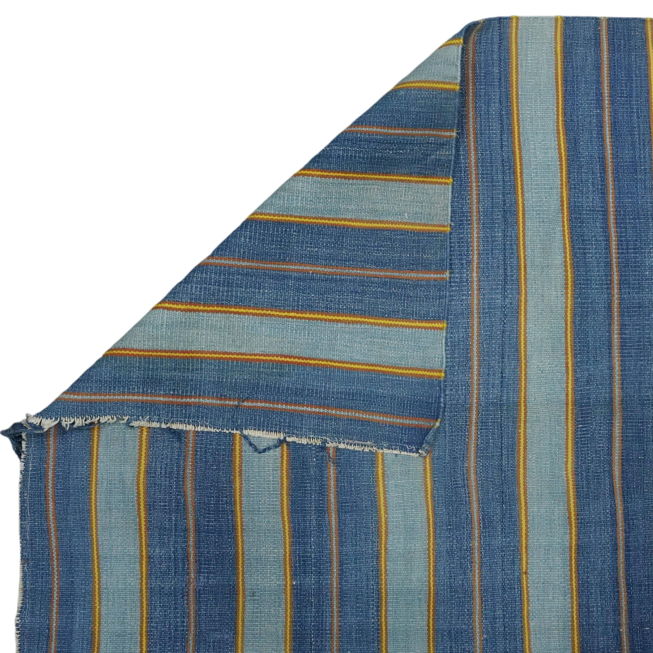 Hand-Woven Vintage Striped Dhurrie Runner Rug with Blue Stripes Gold Accents  Rug & Kilim For Sale