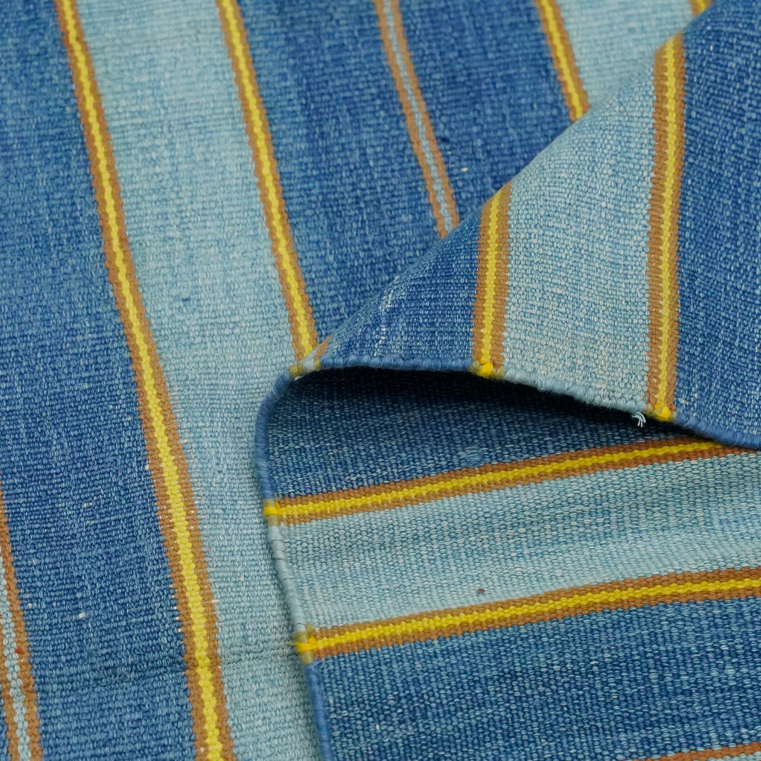 Vintage Striped Dhurrie Runner Rug with Blue Stripes Gold Accents  Rug & Kilim In Good Condition For Sale In Long Island City, NY
