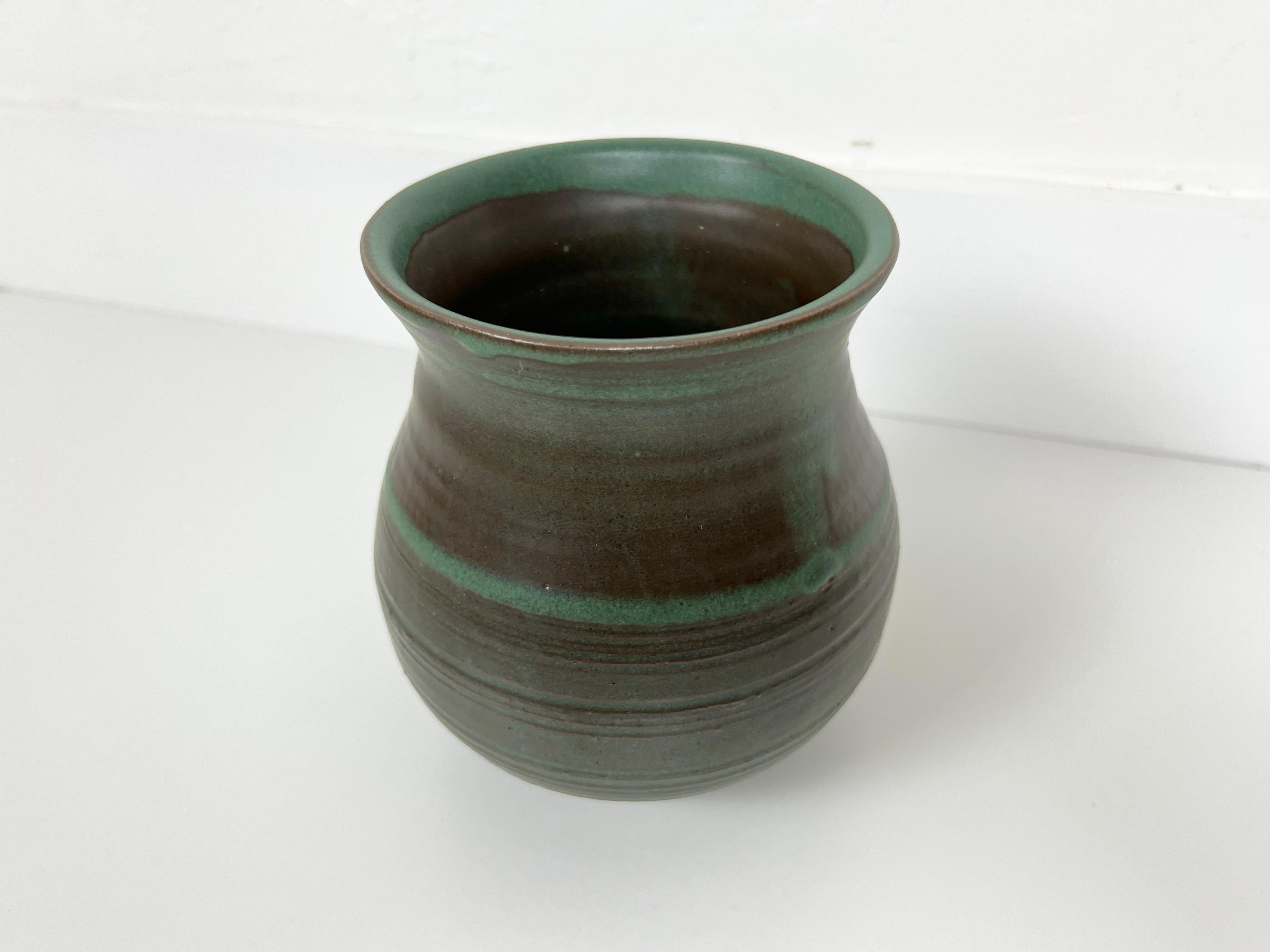 Mid-Century Modern Vintage Striped Green Ceramic Vase