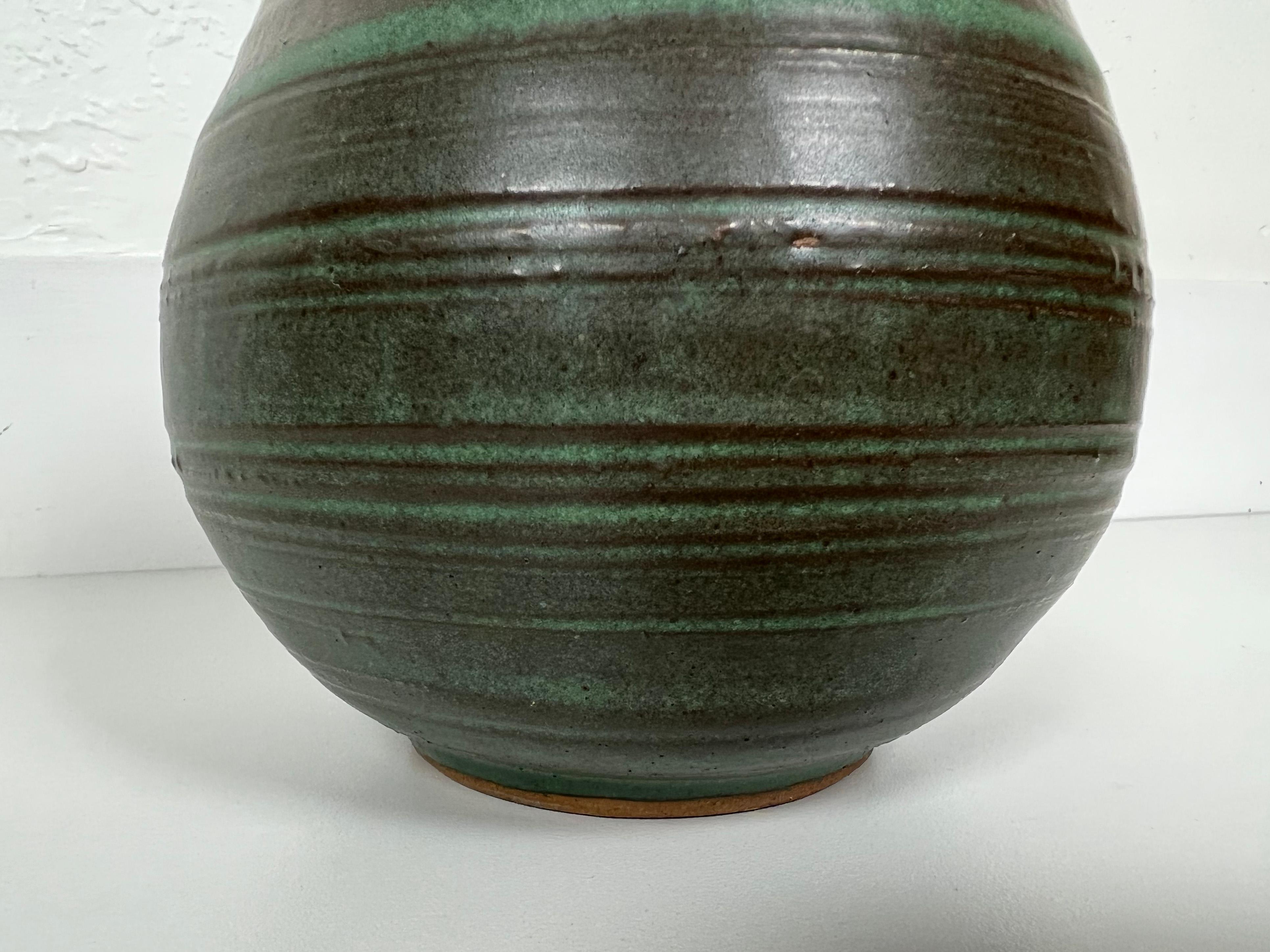 Vintage Striped Green Ceramic Vase In Excellent Condition In Fort Lauderdale, FL