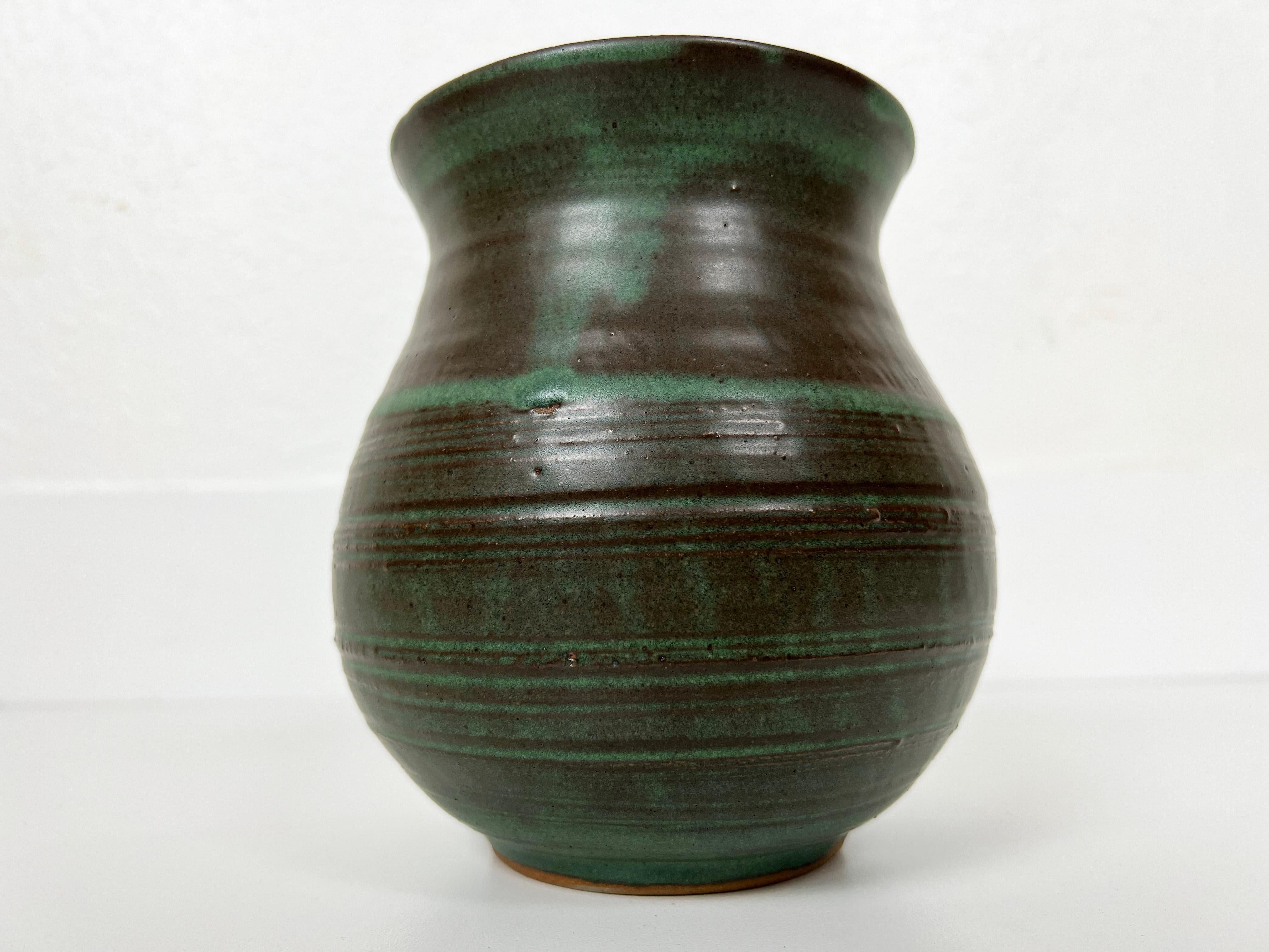 Vintage Striped Green Ceramic Vase 2