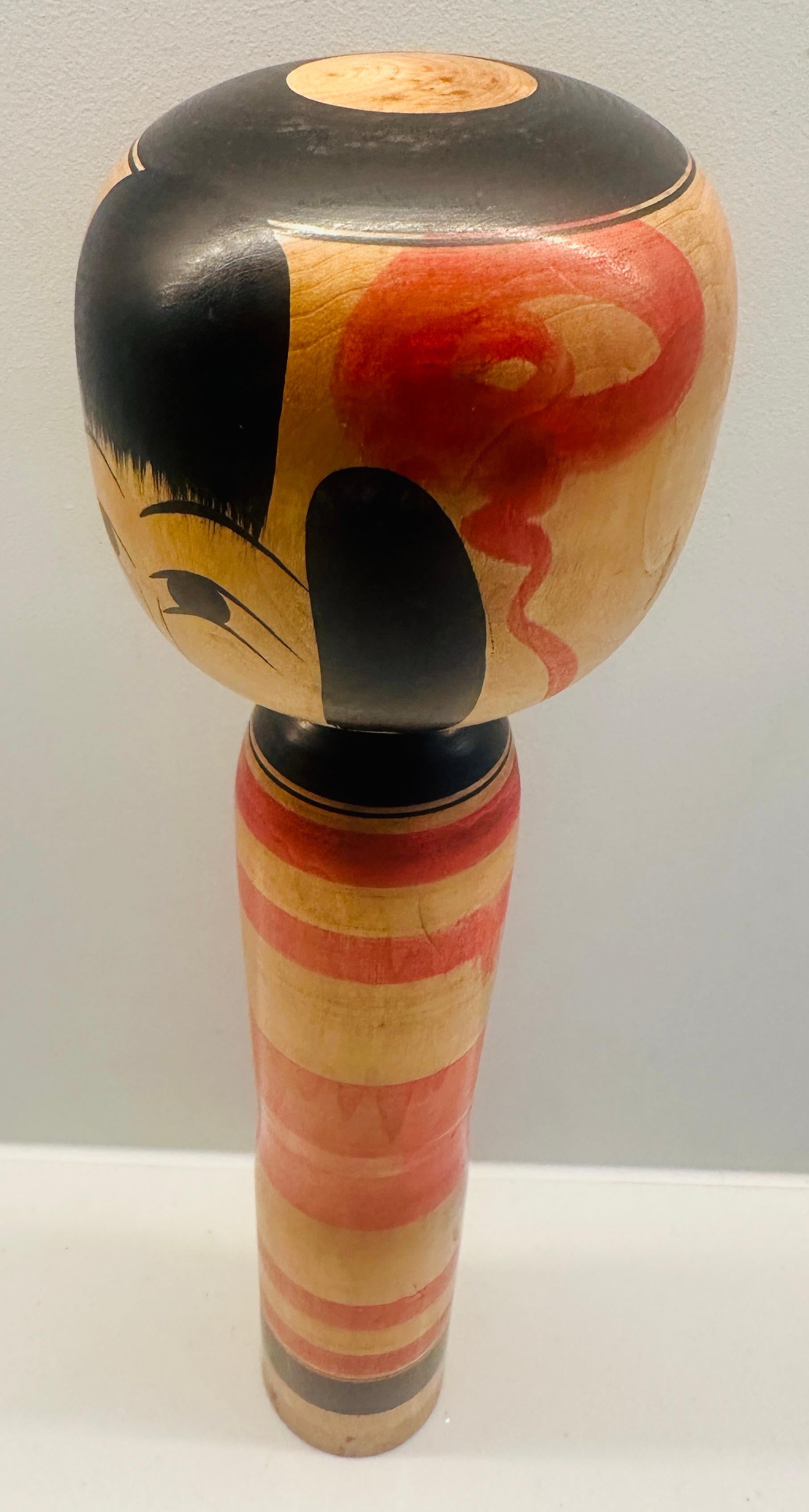 Wood Vintage Striped Japanese Traditional Hand Painted Kokeshi Doll - Yajirou-Kei For Sale