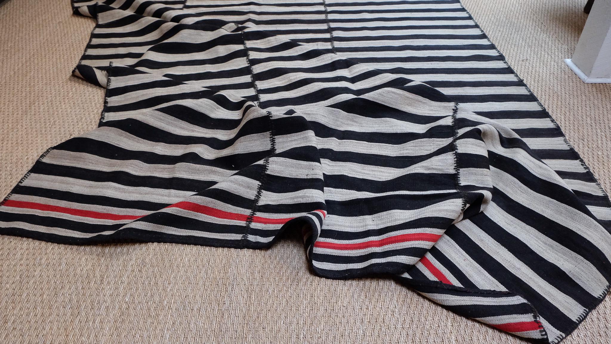 Persian Vintage Striped Kilim Large Neutral and Black Rug For Sale