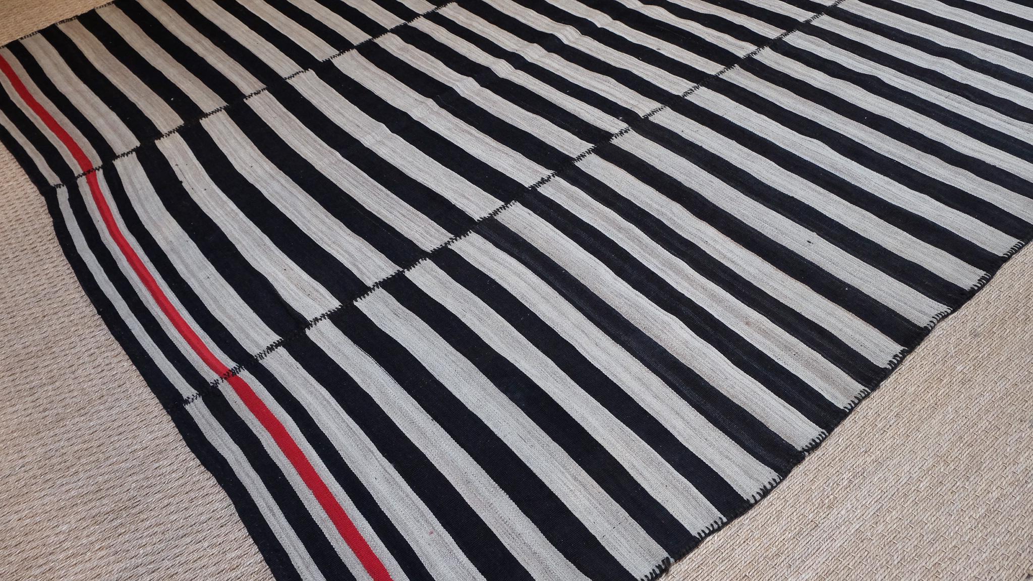Vintage Striped Kilim Large Neutral and Black Rug  In Good Condition For Sale In Hudson, NY
