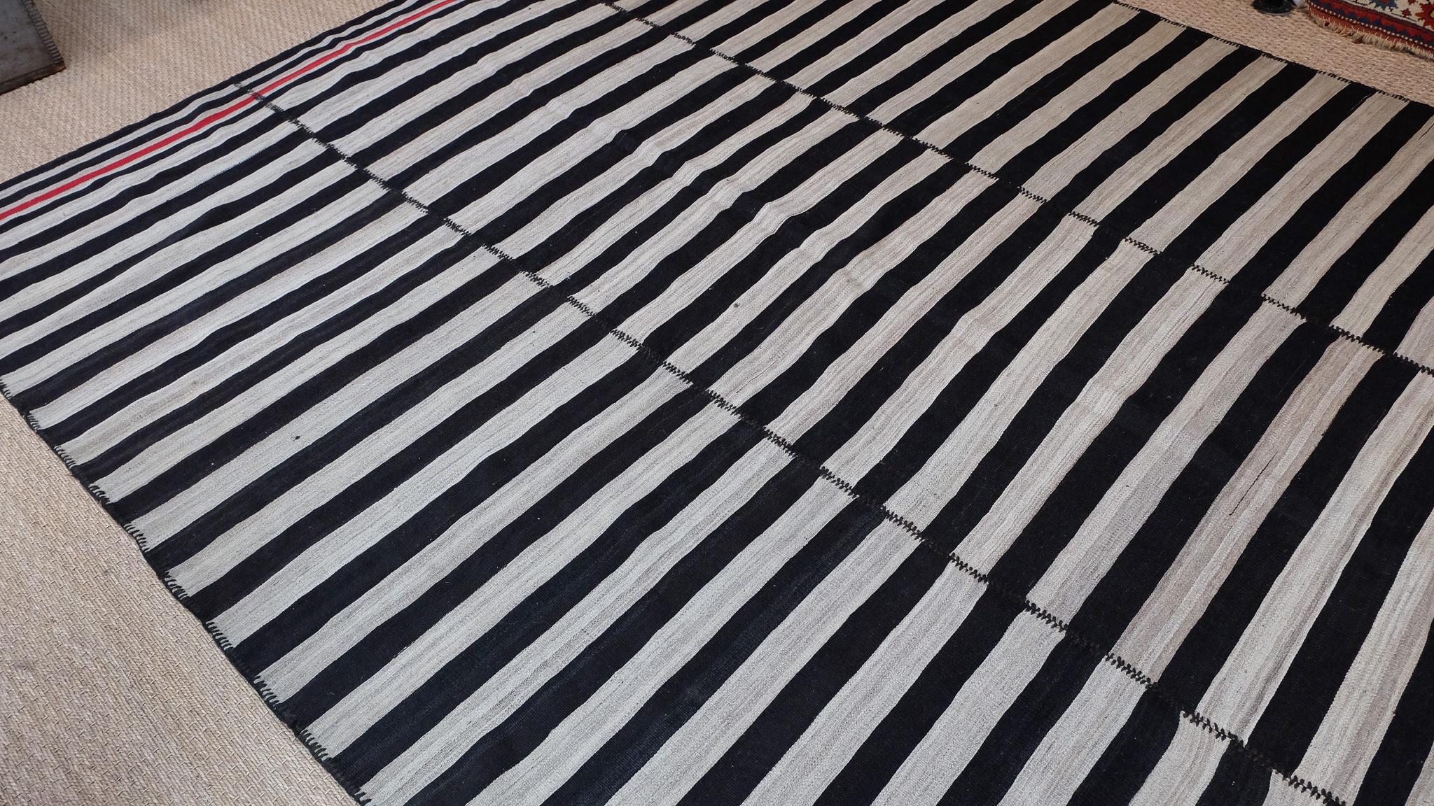 20th Century Vintage Striped Kilim Large Neutral and Black Rug  For Sale