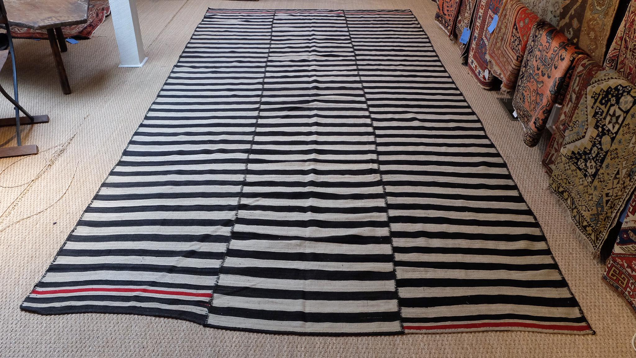 Wool Vintage Striped Kilim Large Neutral and Black Rug  For Sale
