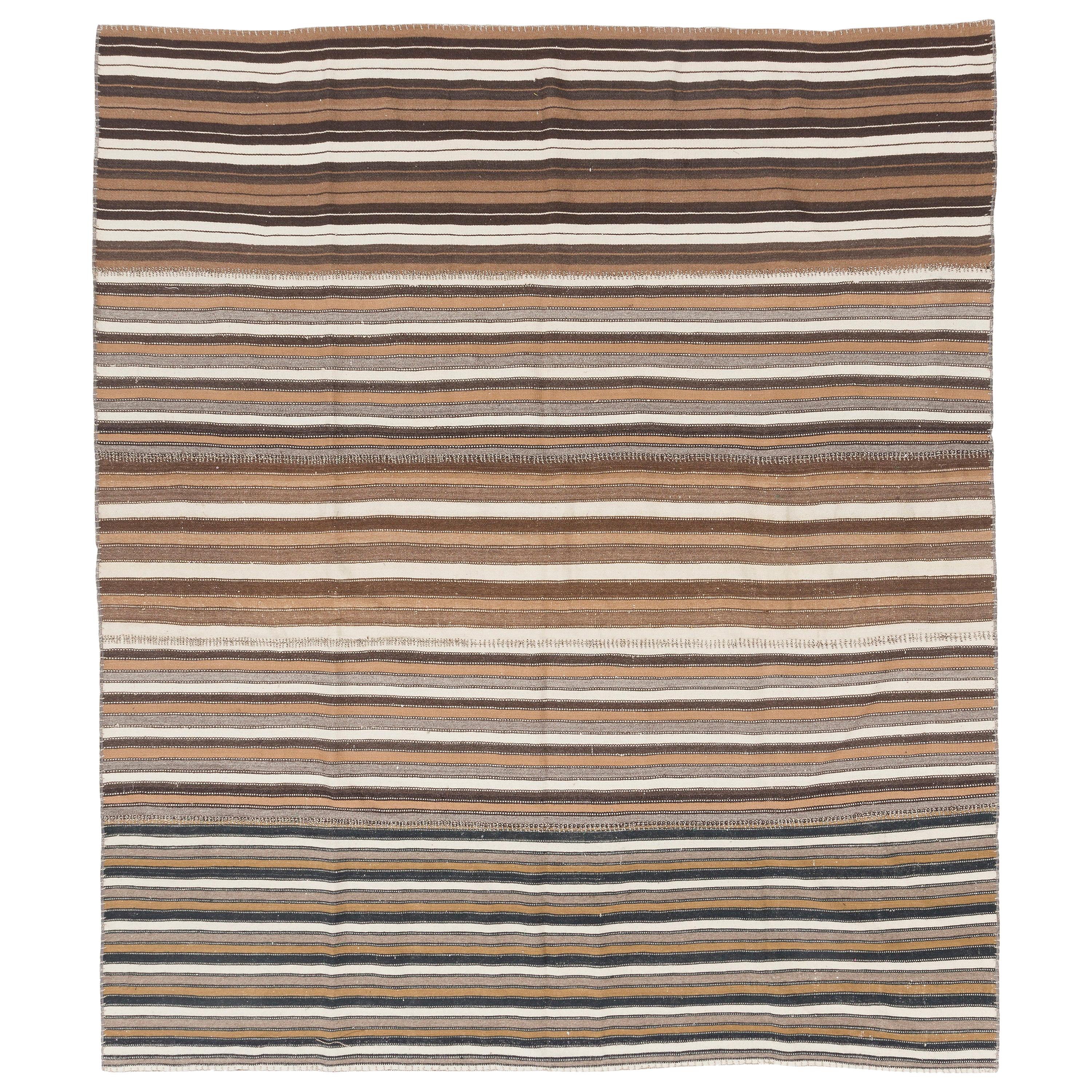 7x8.2 Ft Vintage Striped Kilim Rug Made of Natural Ivory, Brown and