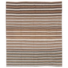 7x8.2 Ft Vintage Striped Kilim Rug Made of Natural Ivory, Brown and Black Wool
