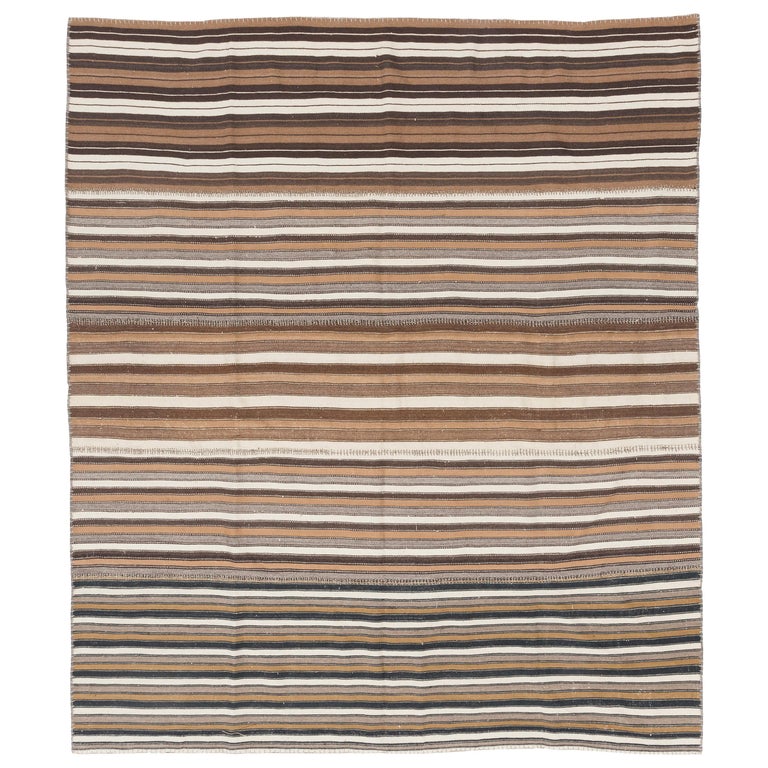 7x8.2 Ft Vintage Striped Kilim Rug Made of Natural Ivory, Brown and