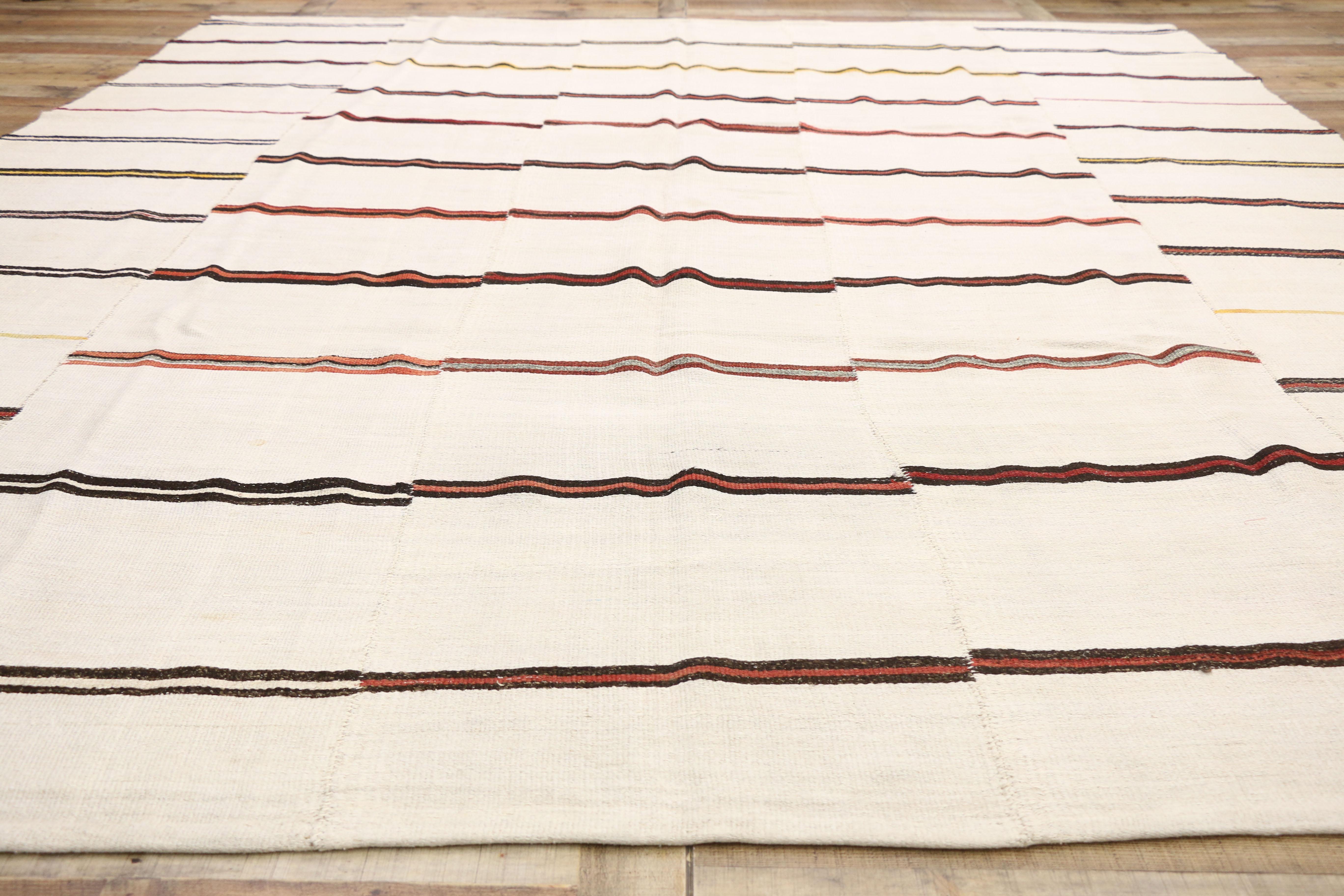 Wool Vintage Striped Kilim Rug with Modernist Style, Large Flat-Weave Area Rug