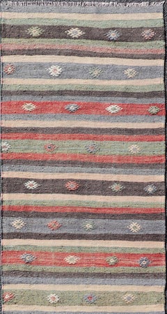 Vintage Striped Kilim Runner With Tribal Motifs in Copper & Greens 2'8 x 10'8