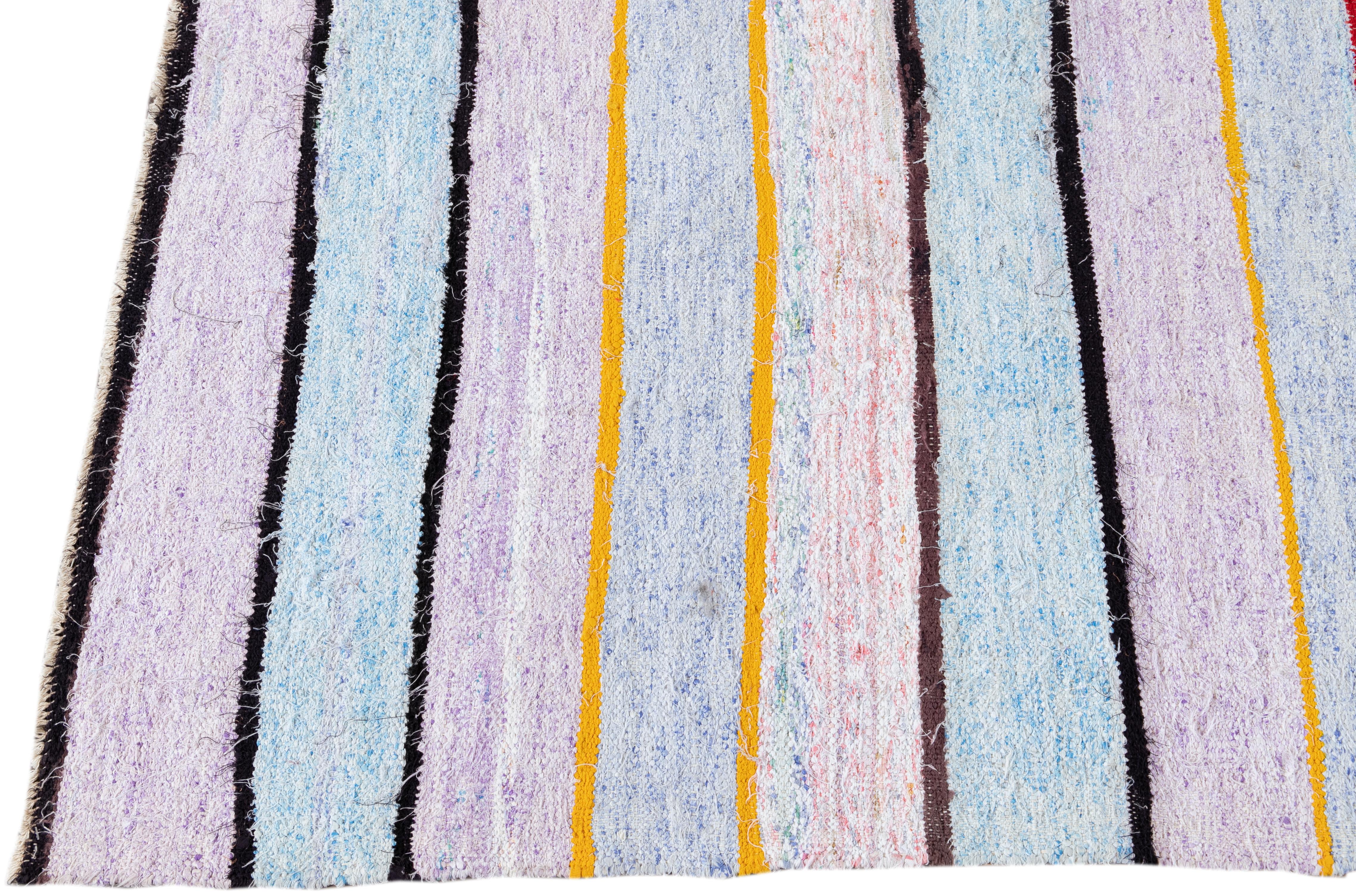 20th Century Vintage Striped Lavender and Blue Turkish Kilim Gallery Rug For Sale
