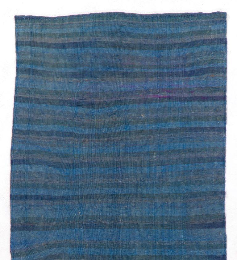 Turkish 4x10.6 ft Vintage Handmade Striped Wool Kilim Runner Over-dyed in Blue For Sale