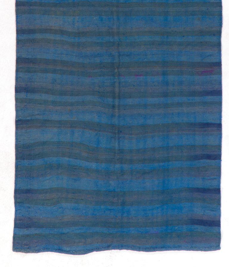 Hand-Woven 4x10.6 ft Vintage Handmade Striped Wool Kilim Runner Over-dyed in Blue For Sale