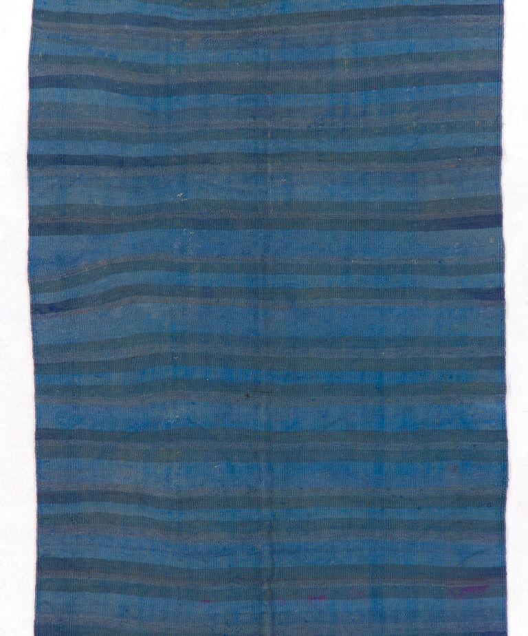 4x10.6 ft Vintage Handmade Striped Wool Kilim Runner Over-dyed in Blue In Good Condition For Sale In Philadelphia, PA
