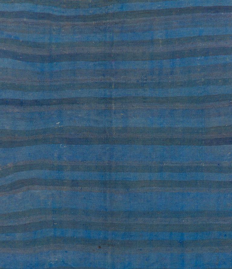 20th Century 4x10.6 ft Vintage Handmade Striped Wool Kilim Runner Over-dyed in Blue For Sale
