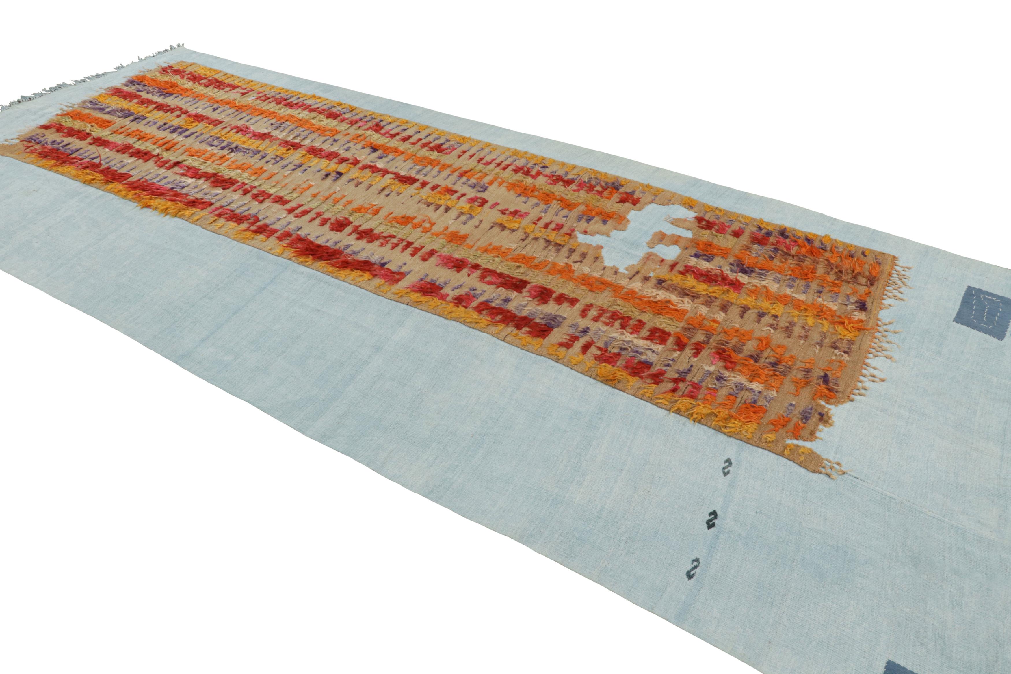 Turkish Vintage Striped Solid Red Orange and Blue Layered Wool Flat-Weave by Rug & Kilim For Sale