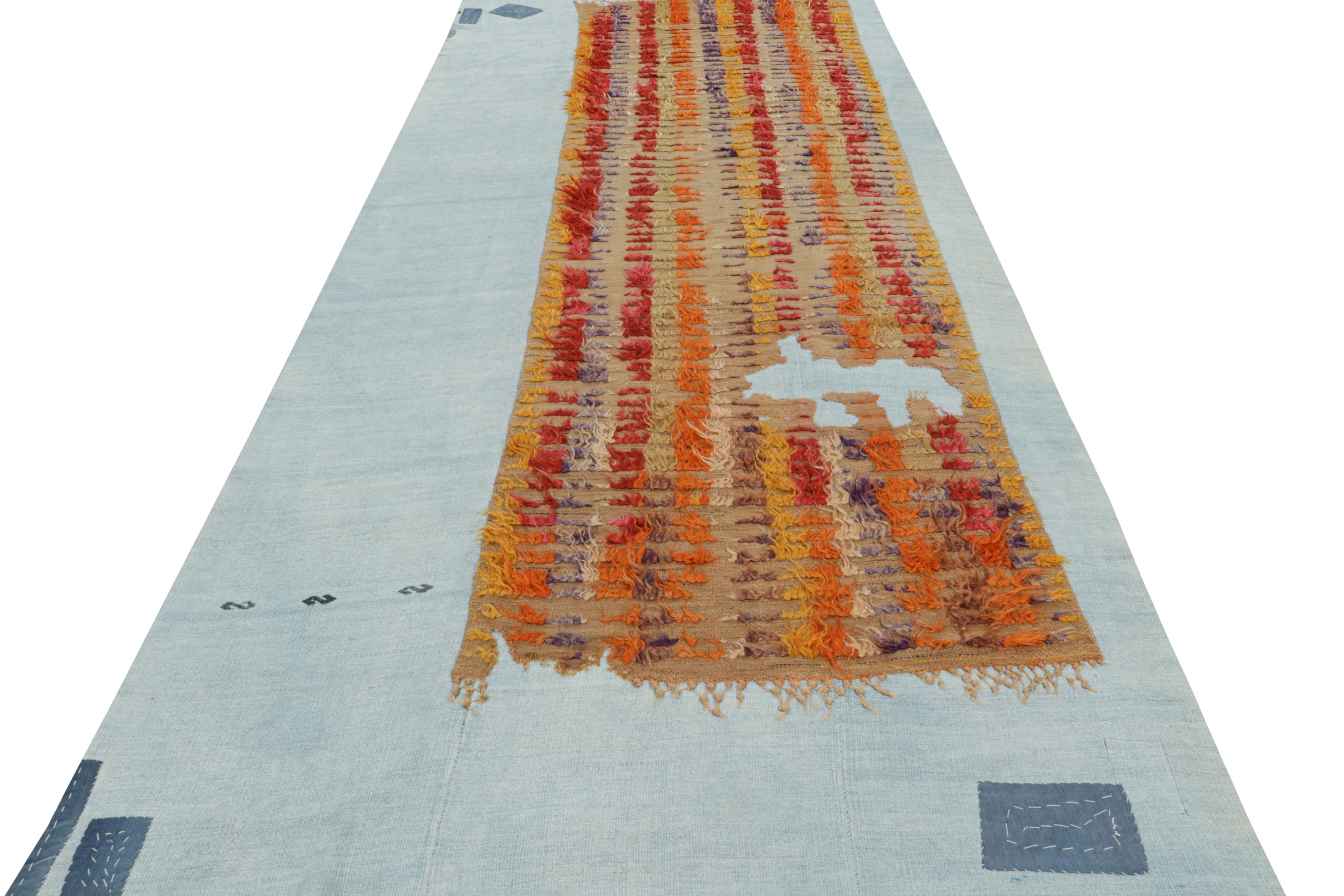 Hand-Woven Vintage Striped Solid Red Orange and Blue Layered Wool Flat-Weave by Rug & Kilim For Sale