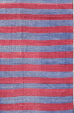 Vintage Striped Turkish Kilim with Casual Modern Design in Red and Blue