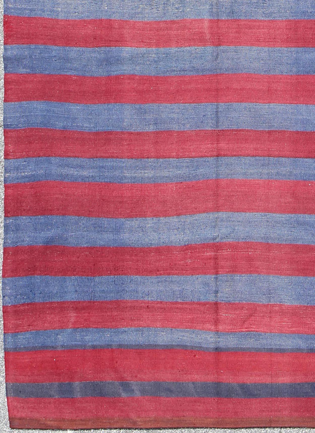 Hand-Woven Vintage Striped Turkish Kilim with Casual Modern Design in Red and Blue For Sale