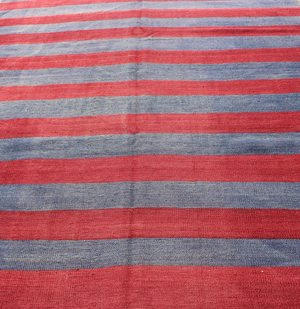 20th Century Vintage Striped Turkish Kilim with Casual Modern Design in Red and Blue For Sale