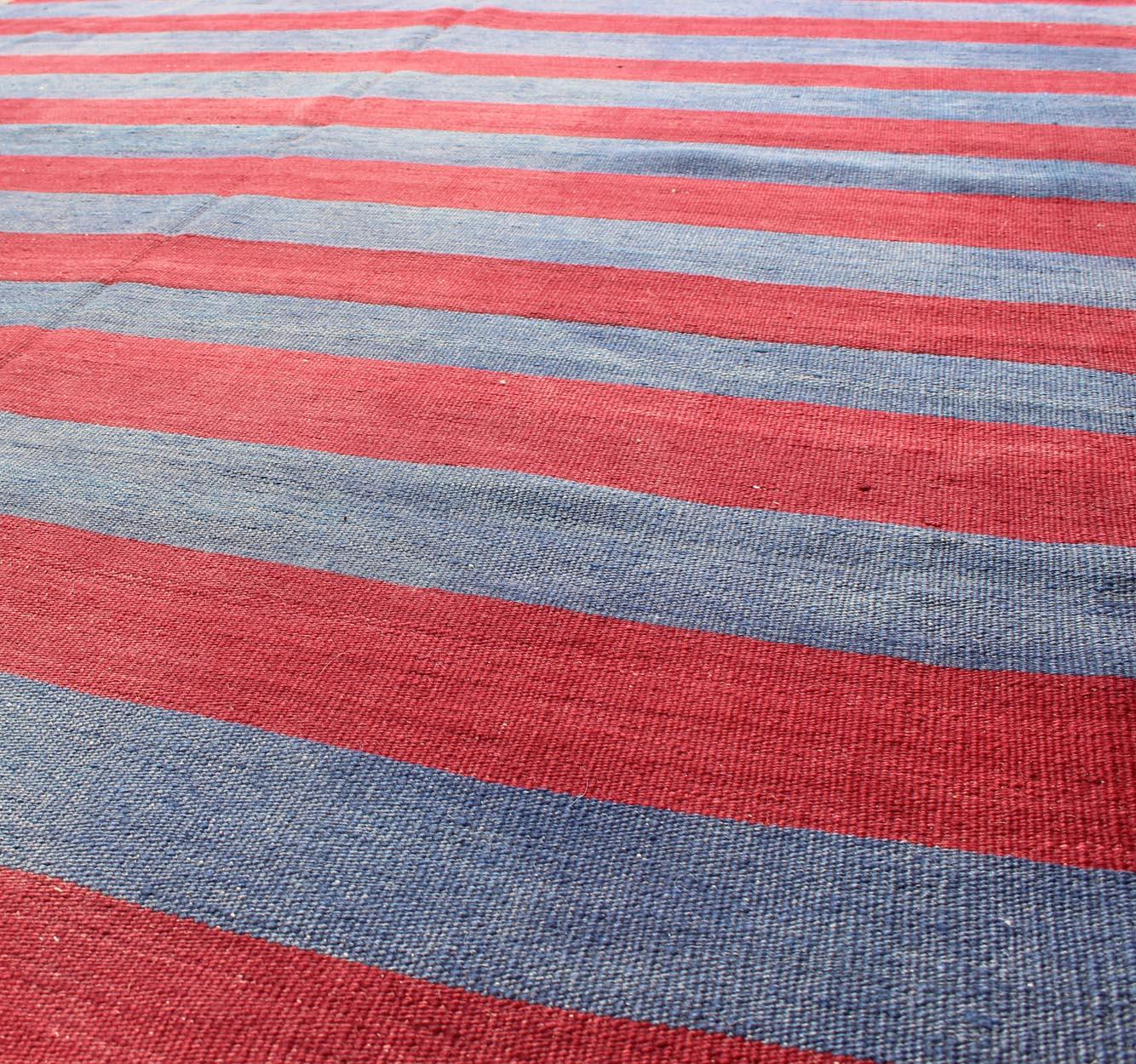 Wool Vintage Striped Turkish Kilim with Casual Modern Design in Red and Blue For Sale