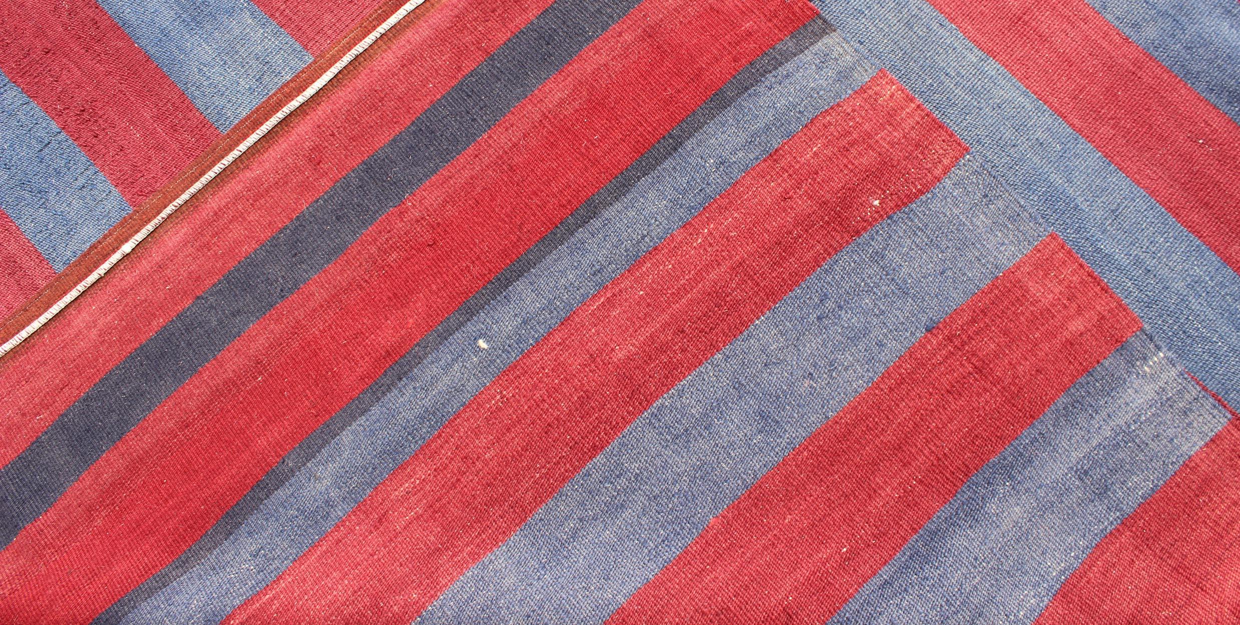 Vintage Striped Turkish Kilim with Casual Modern Design in Red and Blue For Sale 1