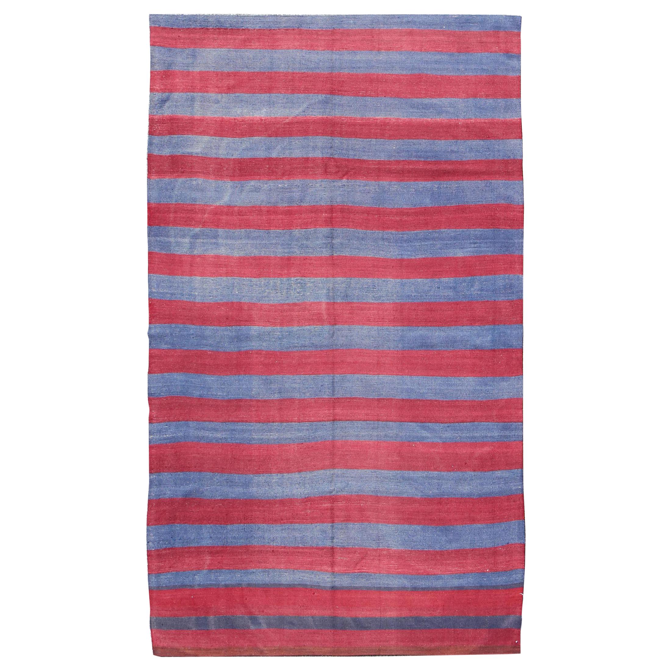 Vintage Striped Turkish Kilim with Casual Modern Design in Red and Blue For Sale
