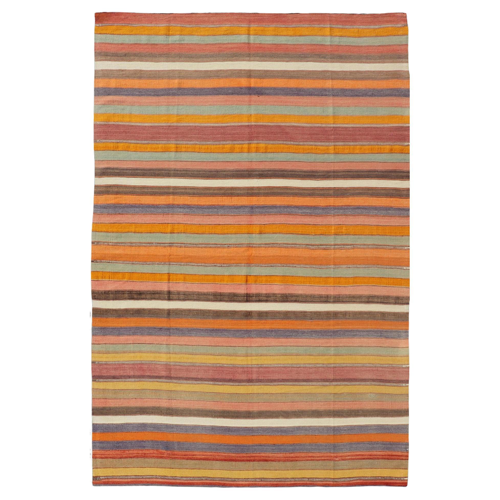 Vintage Striped Turkish Kilim in Multi Colors 6' 6 X 10' 7