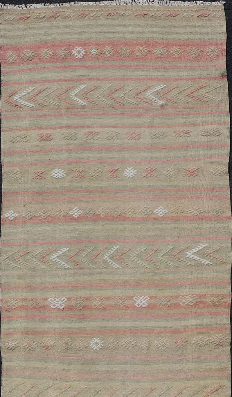 Hand-Woven Vintage Striped Turkish Kilim Runner with Stripes in Tan, Ivory, & Light Coral For Sale