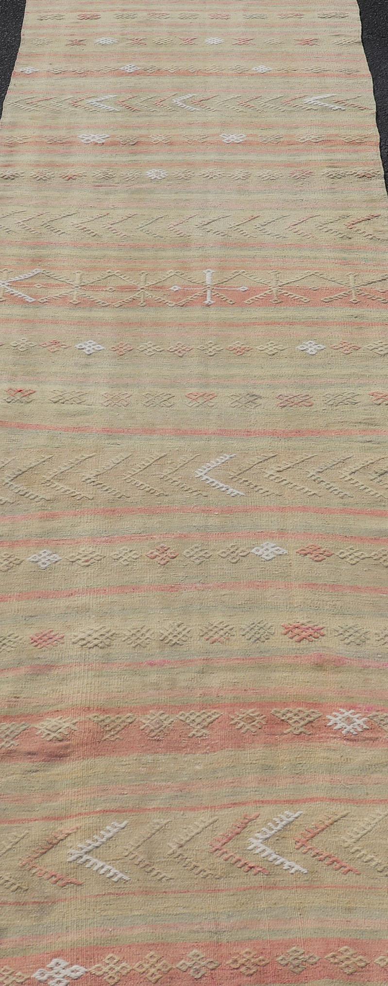 Wool Vintage Striped Turkish Kilim Runner with Stripes in Tan, Ivory, & Light Coral For Sale