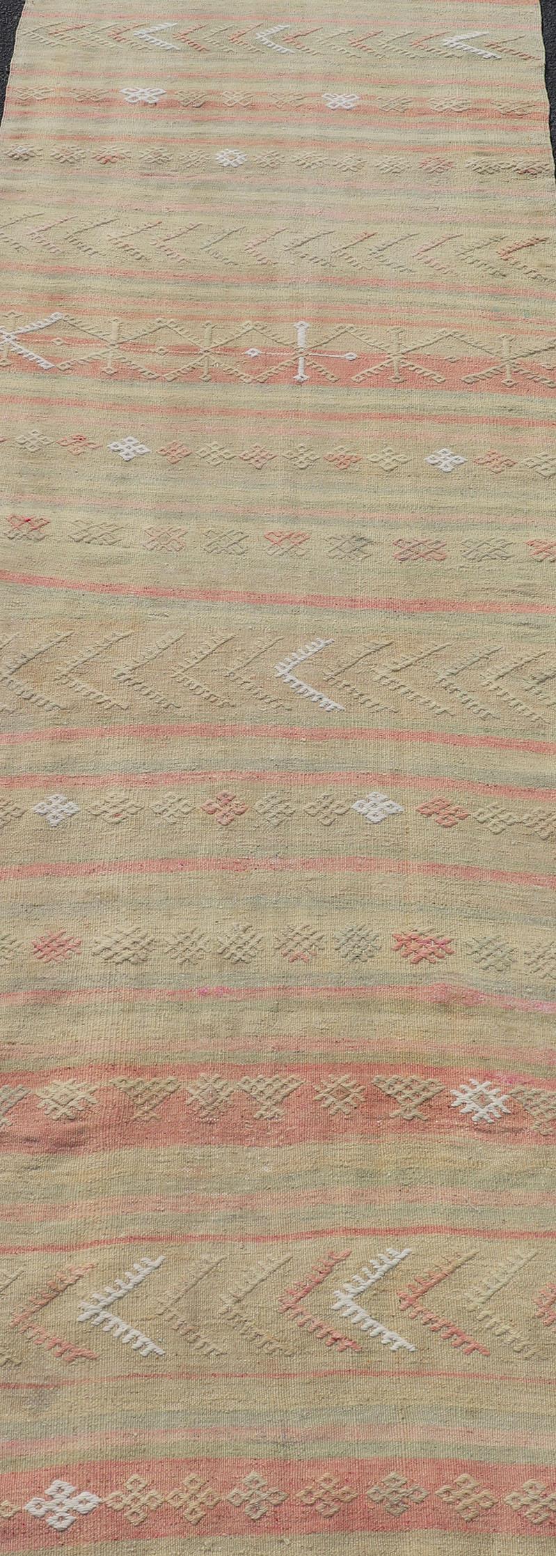 Vintage Striped Turkish Kilim Runner with Stripes in Tan, Ivory, & Light Coral For Sale 1