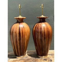 Vintage Striped Wood Table Lamps with Brass Base