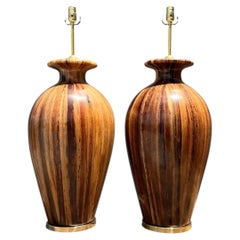 Vintage Striped Wood Table Lamps with Brass Base