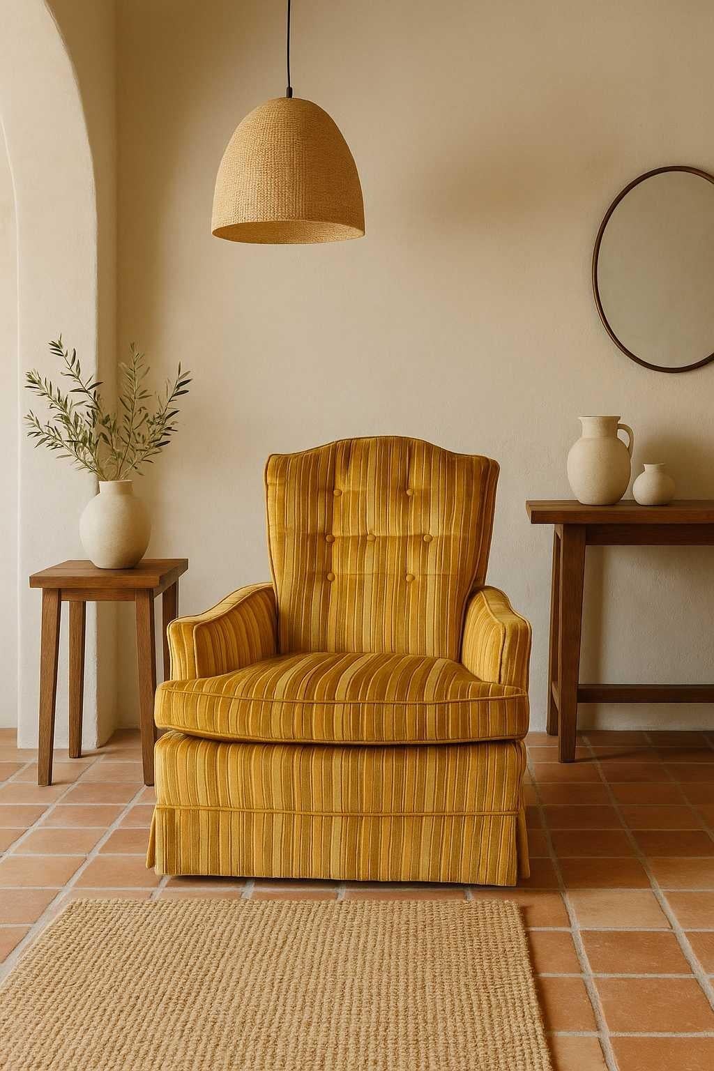 Vintage Striped Yellow Tufted Lounge Chair, Mid-Century Modern (amerikanisch) im Angebot